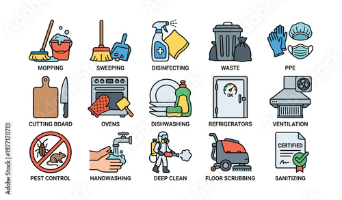 Housekeeping and sanitation icons for cleaning and hygiene