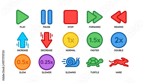 Colorful playback icons set with speed options and animal symbols