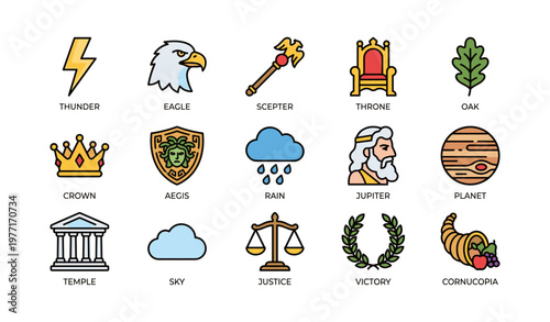 Mythical symbols: thunder, eagle, scepter, and more icon set