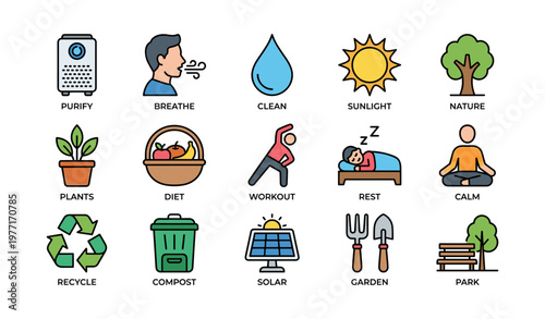 Healthy lifestyle icons: breathe, clean, sunlight, nature, recycle, calm, workout