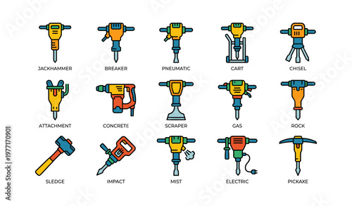 Various types of construction jackhammers and drills with labels