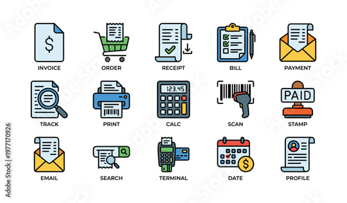 Colorful business icons: invoice, receipt, payment, email, bill, order
