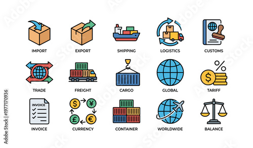 Logistics and trade icons: import, export, shipping, customs, currency, tariff, worldwide