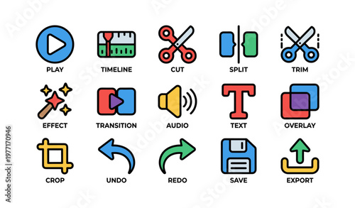 Colorful multimedia editing icons: play, cut, split, audio, save