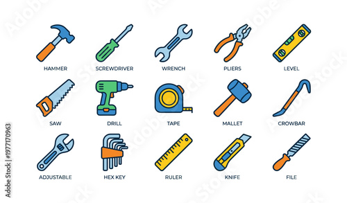 Cartoon hand tools set with hammer, screwdriver, wrench, pliers, level