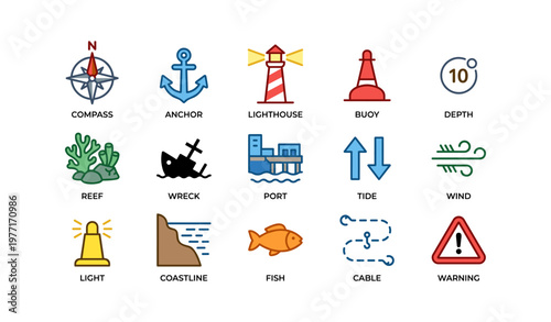 Nautical icons collection: compass, anchor, lighthouse, buoy, tide arrows