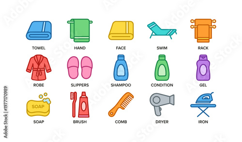 Colorful bathroom and grooming icons: towel, robe, slippers, shampoo, dryer, iron