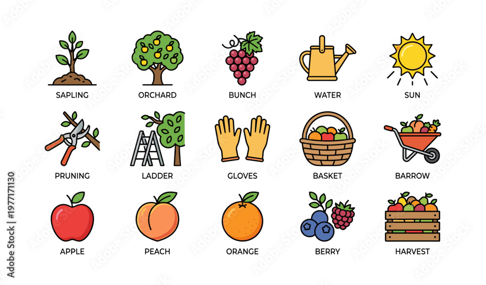 Fototapeta premium Colorful garden and harvest icons including trees, fruits, and tools