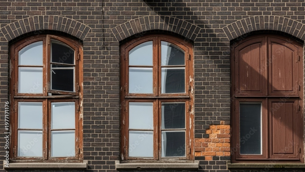 Fototapeta premium A close-up view of old brick building with broken windows and door