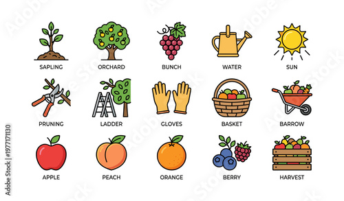 Colorful garden and harvest icons including trees, fruits, and tools