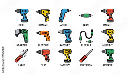 Colorful assortment of handheld power tools and accessories on white background