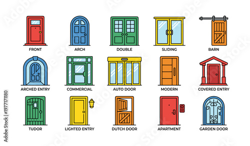 Illustrated varieties of doors: arched, sliding, barn, tudor, apartment entryways