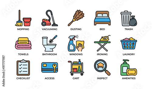 Household cleaning and maintenance icons set including vacuuming, dusting, bathroom, laundry, ironing, and trash