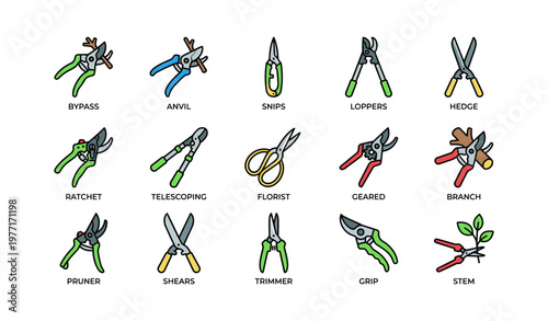 Illustrated variety of gardening tools including shears and pruners