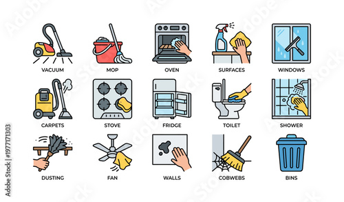 House cleaning tools and activities: vacuum, mop, oven, windows, toilets, bins