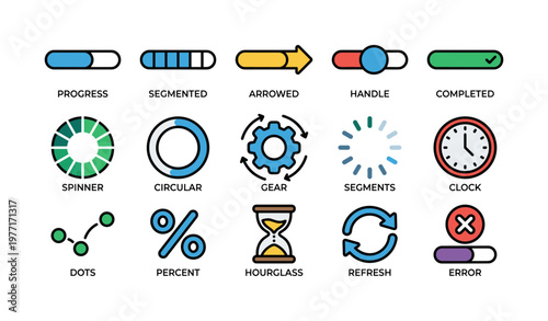 Colorful loading and progress icons with spinner, gear, and clock designs