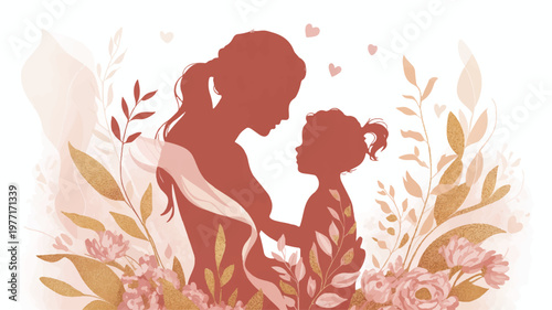 Loving mother and child silhouette surrounded by blooming flowers and green leaves symbolizing maternal bond with daughter silhouette affection