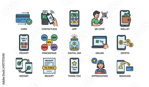 Digital transactions and tipping icons: card, app, qr, crypto, receipt, online payment
