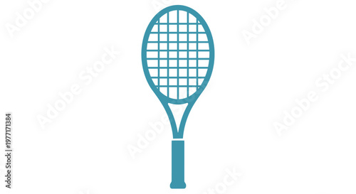 A teal colored silhouette illustration of a standard tennis racket on a white background