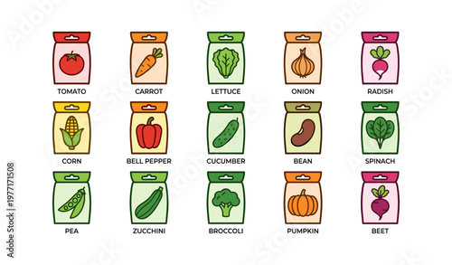Collection of colorful vegetable seed packets with illustrations