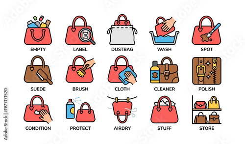 Handbag care and maintenance icons for cleaning and storage