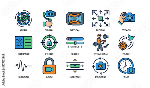Camera equipment icons: gimbal, steadicam, optical, gyro, track