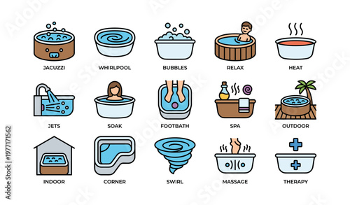 Relaxing spa and bath icons: jacuzzi, whirlpool, footbath, and therapy symbols