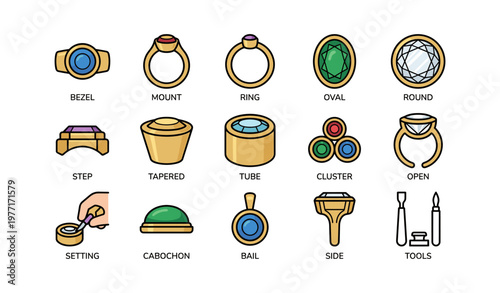 Jewelry settings diagrams: bezel, mount, ring, oval, round, step, tapered, tube, cluster, open, cabochon, bail