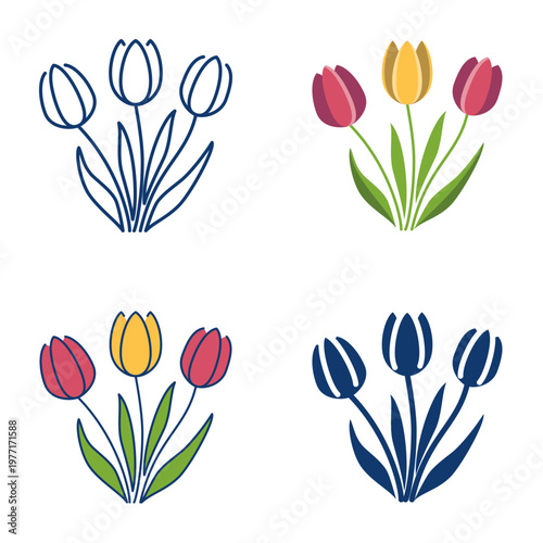 Bouquet of tulips icon set