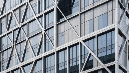A modern office building with a unique geometric facade design