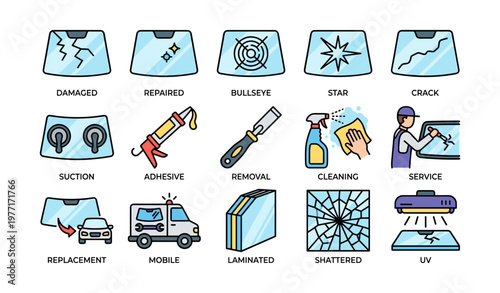 Illustrations of windshield repair and replacement processes and tools