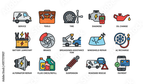 Vehicle maintenance icons: service, tools, tire, diagnose, oil change, battery, brakes, tow, repair