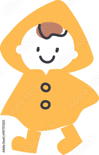 ポンチョ型のレインコートを着ているかわいいこどものイラスト