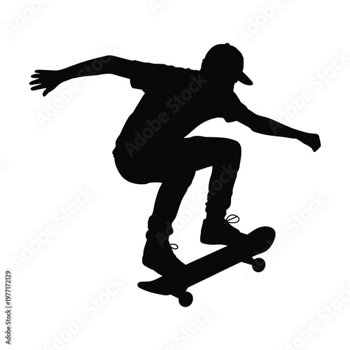 Silhouette of a skateboarder performing a trick, isolated on a white background