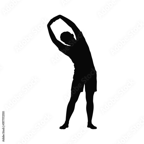 Silhouette of a person stretching and reaching arms overhead with white background with warm up
