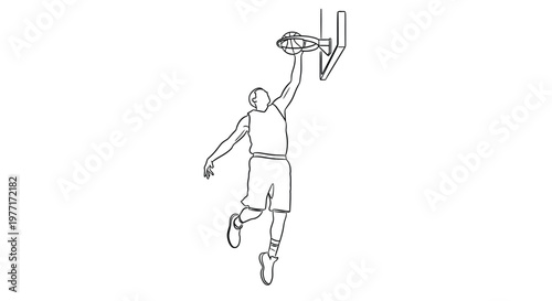 Line drawing of a basketball player in mid air reaching for the hoop