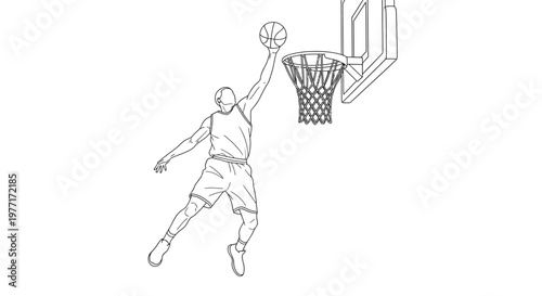 Line drawing of a basketball player in mid air preparing to dunk the ball