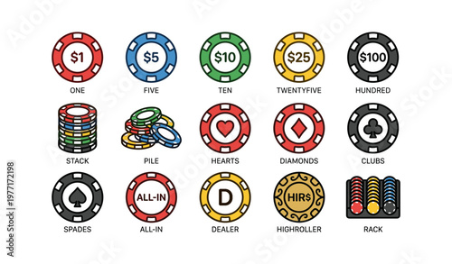 Colorful casino chips with denominations and card suits