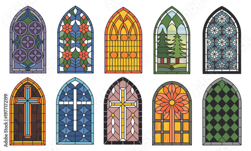 Colorful gothic stained glass window illustration set with medieval cathedral church designs, ornate religious art elements, detailed decorative patterns and vibrant vector collection