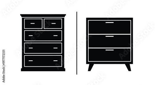 Two black silhouettes of wooden dressers with drawers and handles