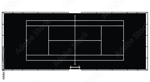 Aerial view of a black tennis court with white lines and a net