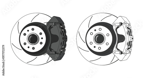Illustration of automotive braking system components including rotors and calipers