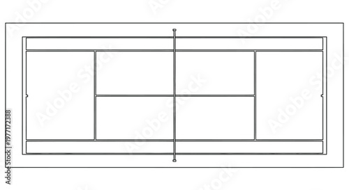 Overhead view of a tennis court with a white surface and black lines