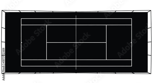 Overhead view of a black tennis court with white lines isolated on white