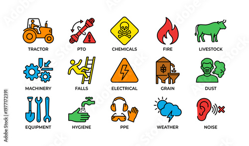 Farm safety icons: tractor, chemicals, fire, machinery, ppe, weather