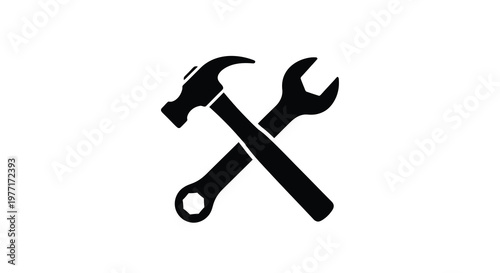 A crossed hammer and wrench black silhouette on white background