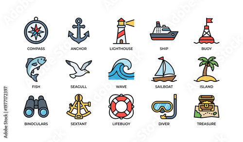 Nautical icons: compass, anchor, lighthouse, ship, buoy, and more