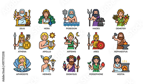 Greek gods with key symbols and attributes in illustrated grid