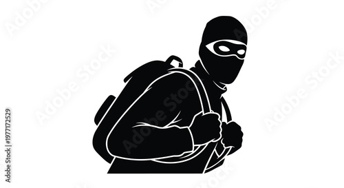 Silhouette of a masked figure with a backpack appearing stealthy
