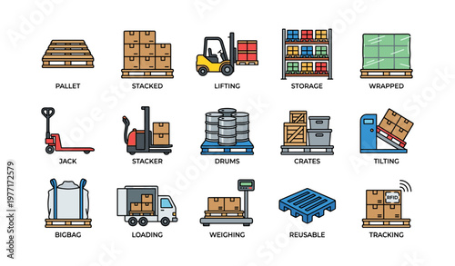Warehouse equipment icons: pallet, forklift, stacker, and loading tools